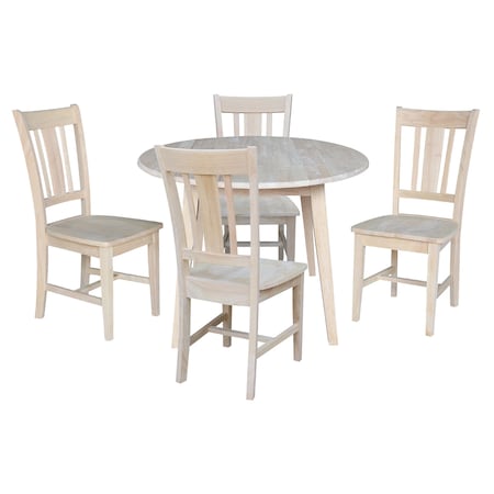 International Concepts 42 in. Solid Wood Round Dual Drop Leaf Dining Table with 4 Chairs, Unfinished K-42DL-C10-4